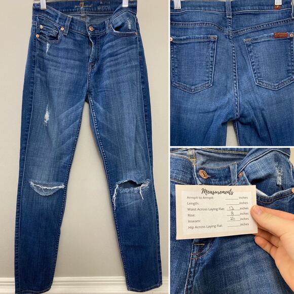 7 For All Mankind The‎ Ankle Skinny Mid-Rise Distressed Dark Wash Denim 27 - Picture 1 of 5